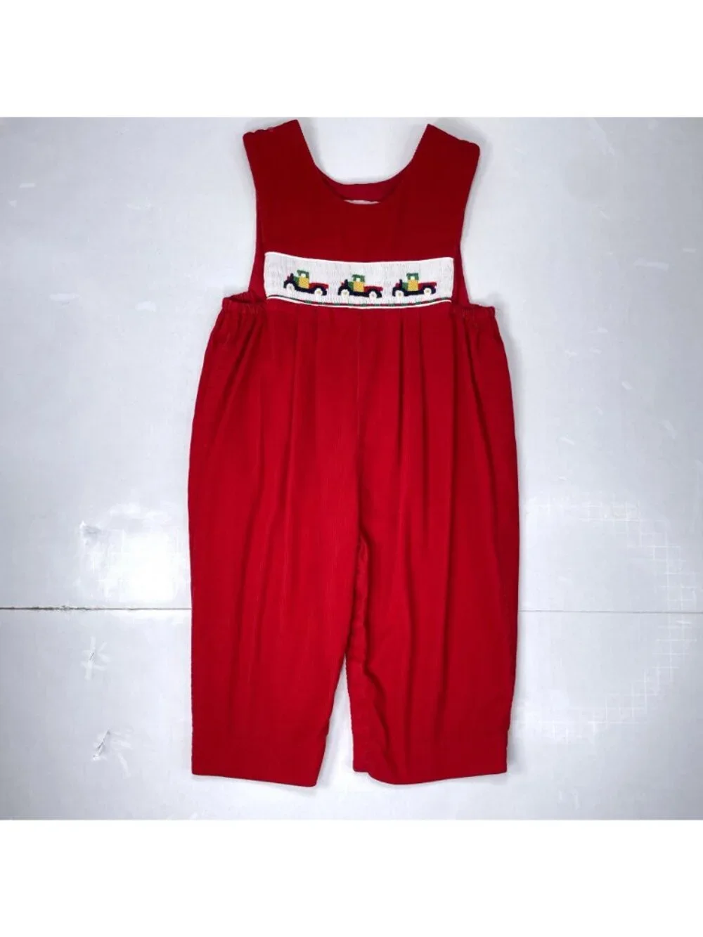 Vintage House of Hatten Color Block Farm Truck Smocked Longalls Romper 18m